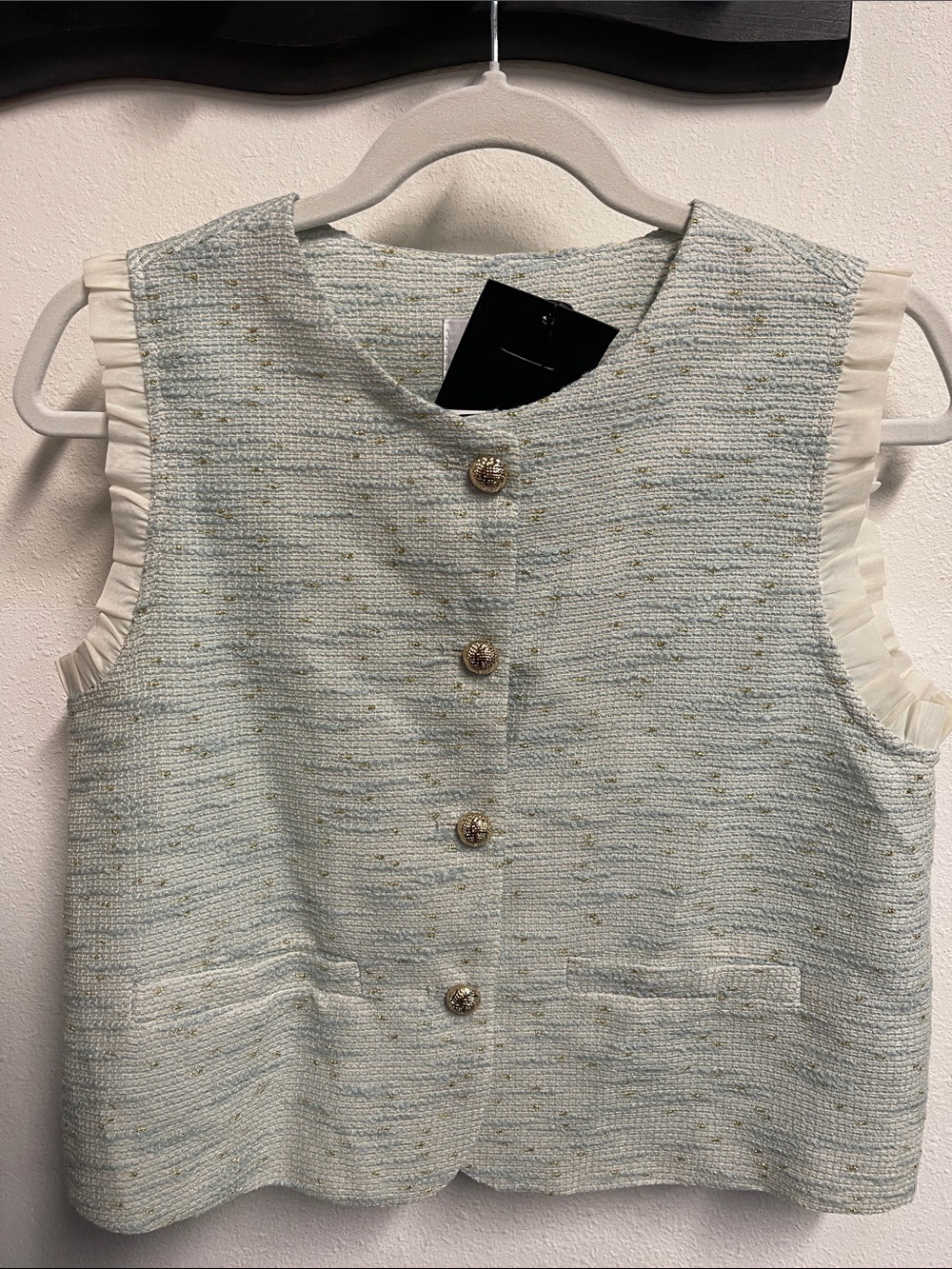 Sleeveless Tweed Button Front Vest in Light Blue and Cream